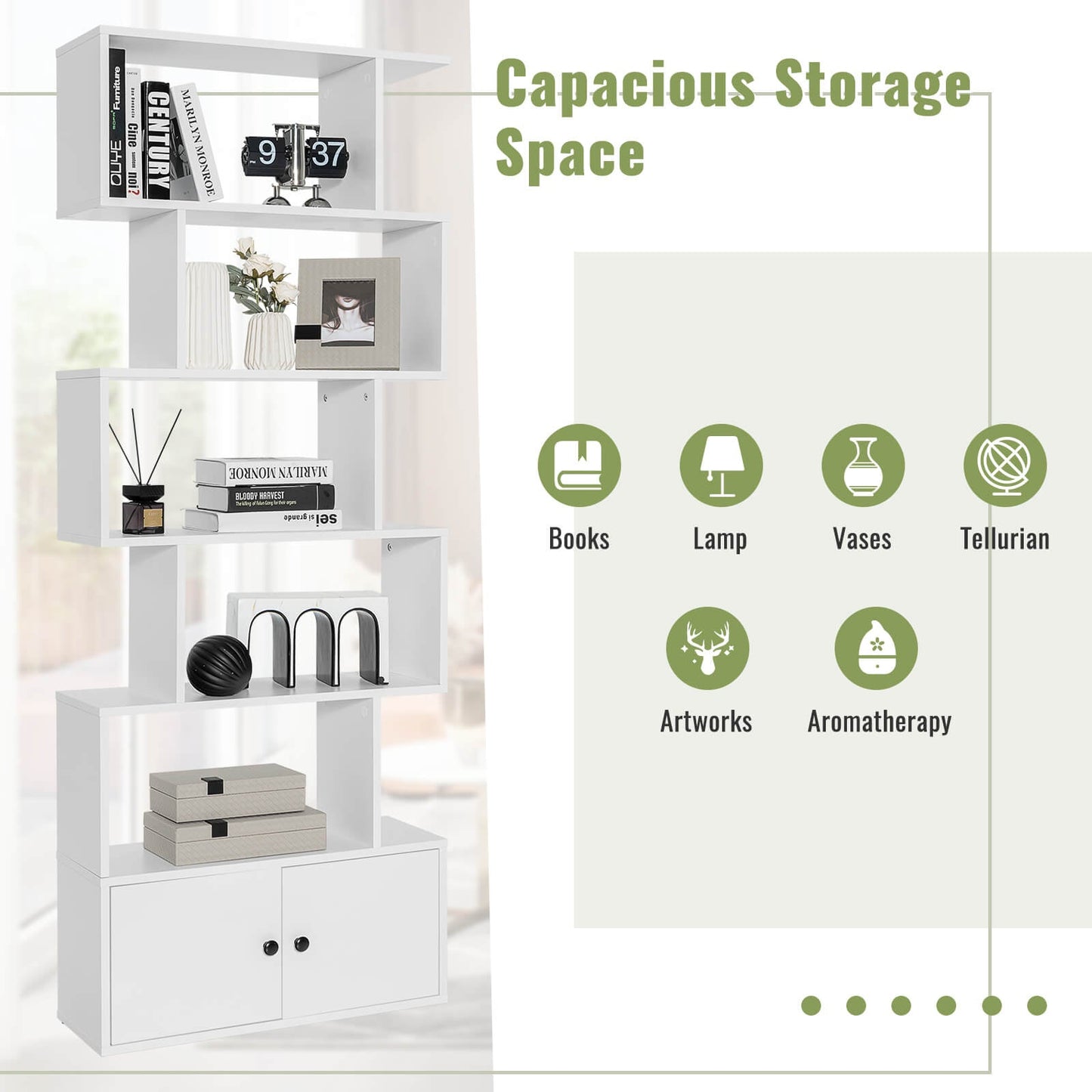 S-Shaped Bookshelf with Storage Cabiet for Living Room White