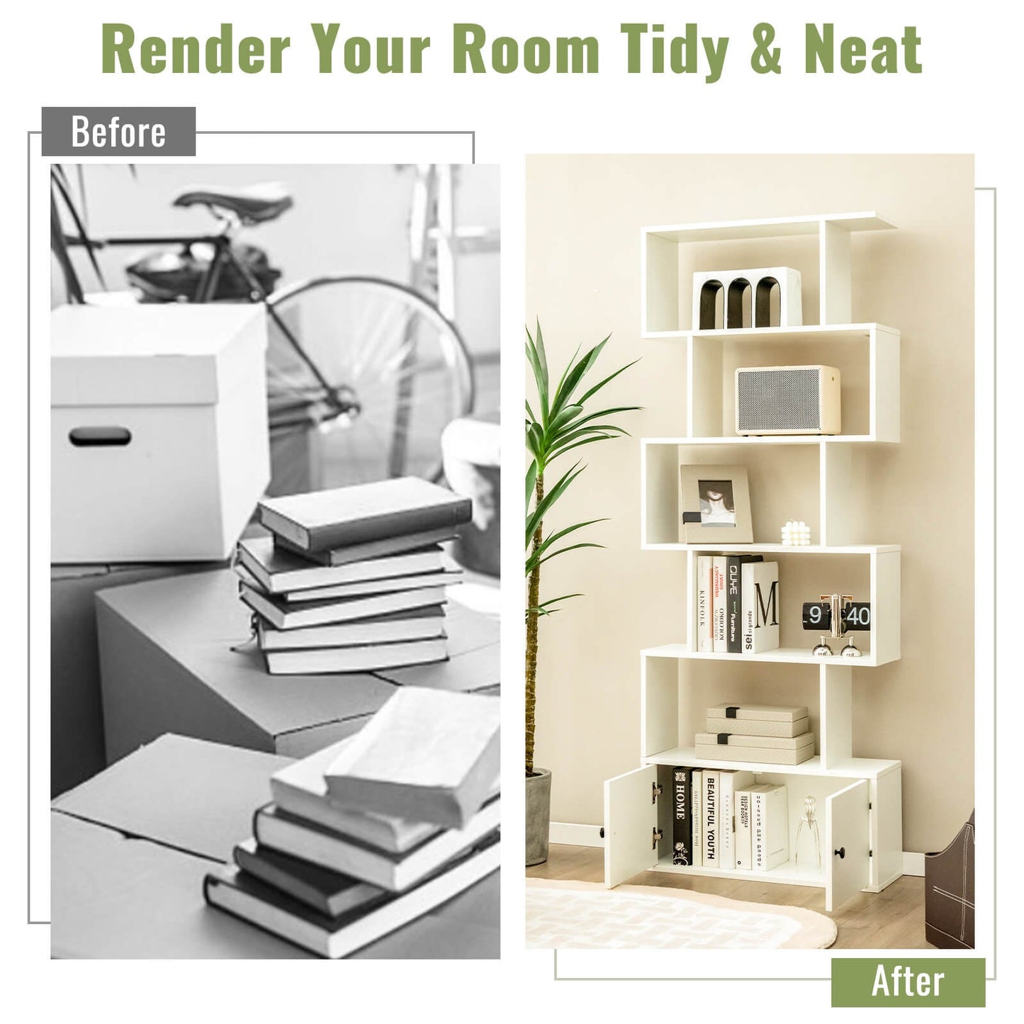 S-Shaped Bookshelf with Storage Cabiet for Living Room White