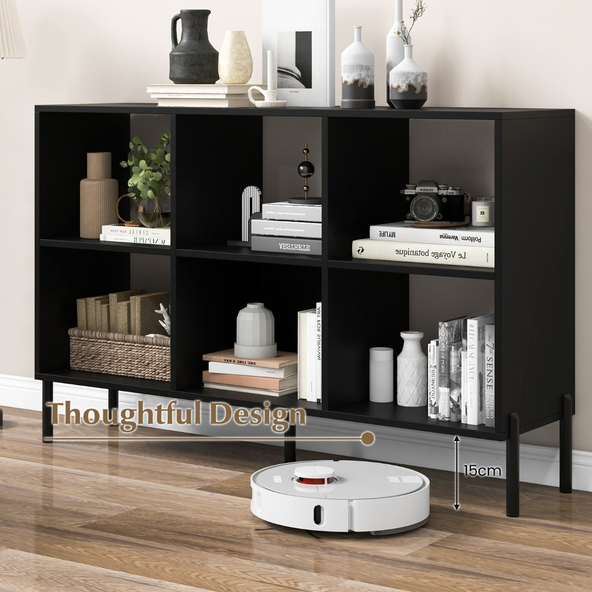 6-Cube Storage Bookcase Wooden Open Bookshelf with 5 Metal Legs-Black