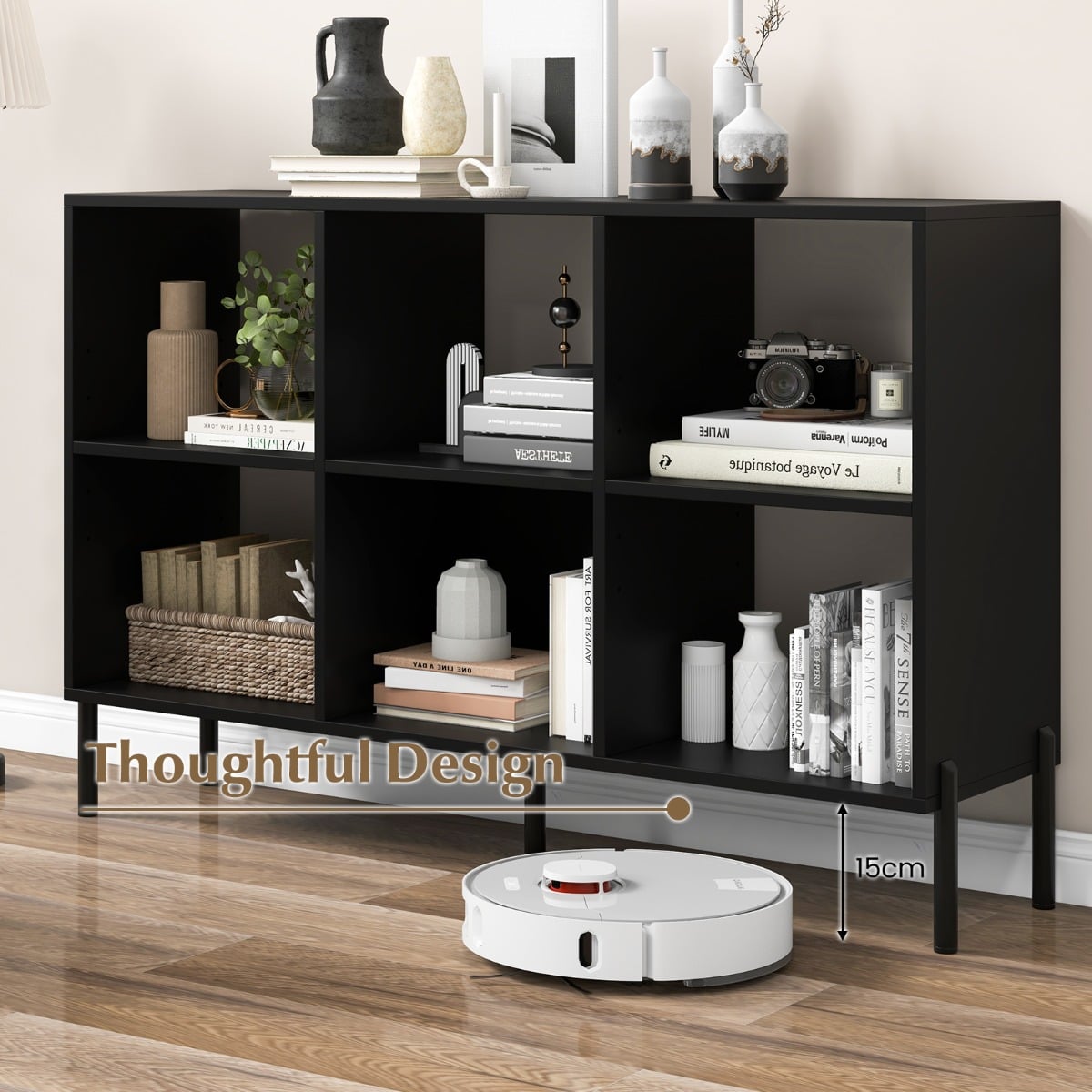 6-Cube Storage Bookcase Wooden Open Bookshelf with 5 Metal Legs-Black