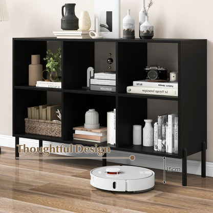6-Cube Storage Bookcase Wooden Open Bookshelf with 5 Metal Legs-Black