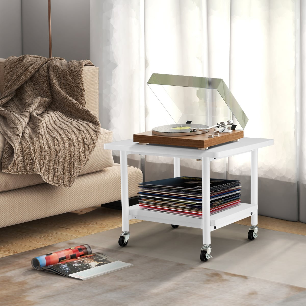 2 Tier Wooden Printer Stand with 360° Swivel Casters-Off White