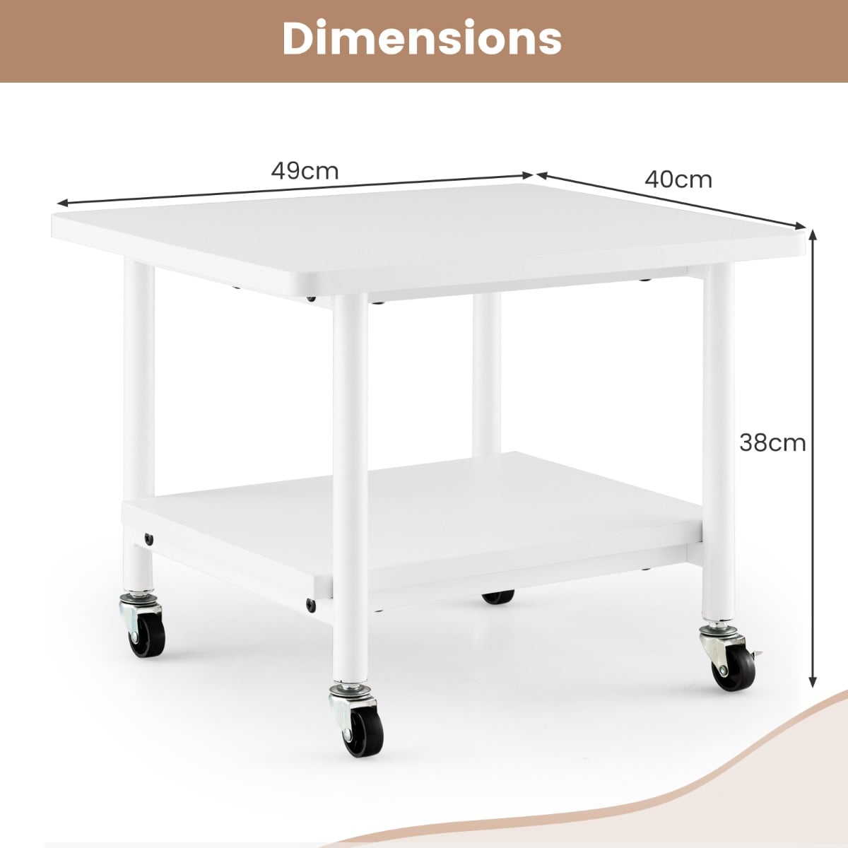 2 Tier Wooden Printer Stand with 360° Swivel Casters-White