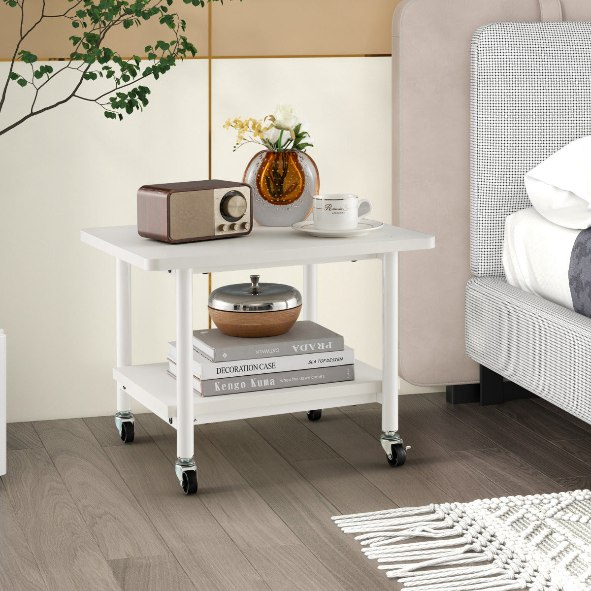 2 Tier Wooden Printer Stand with 360° Swivel Casters-Off White