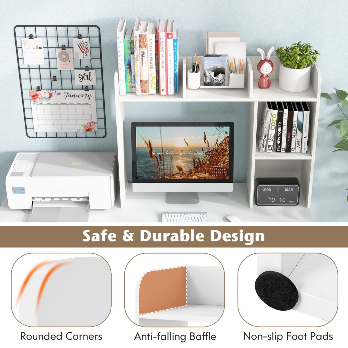 3-Tier Multipurpose Desk Bookshelf with 4 Shelves-White