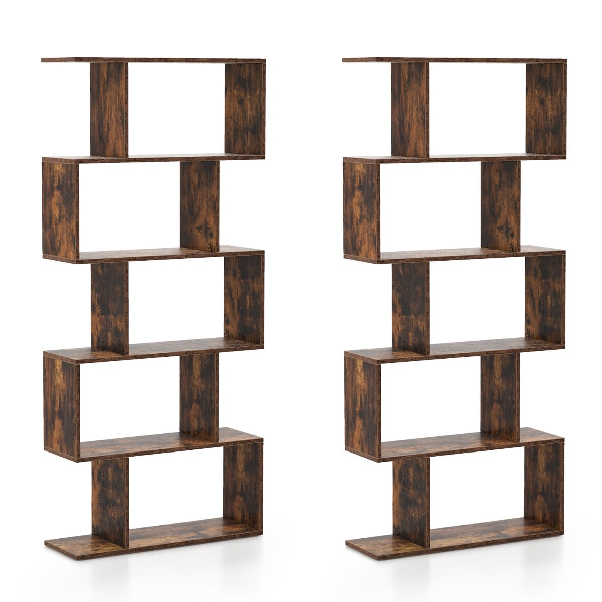 Geometric S-Shaped Bookcase with Anti-Toppling Device for Living Room Home Office-Brown