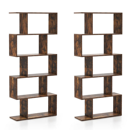 Geometric S-Shaped Bookcase with Anti-Toppling Device for Living Room Home Office-Brown
