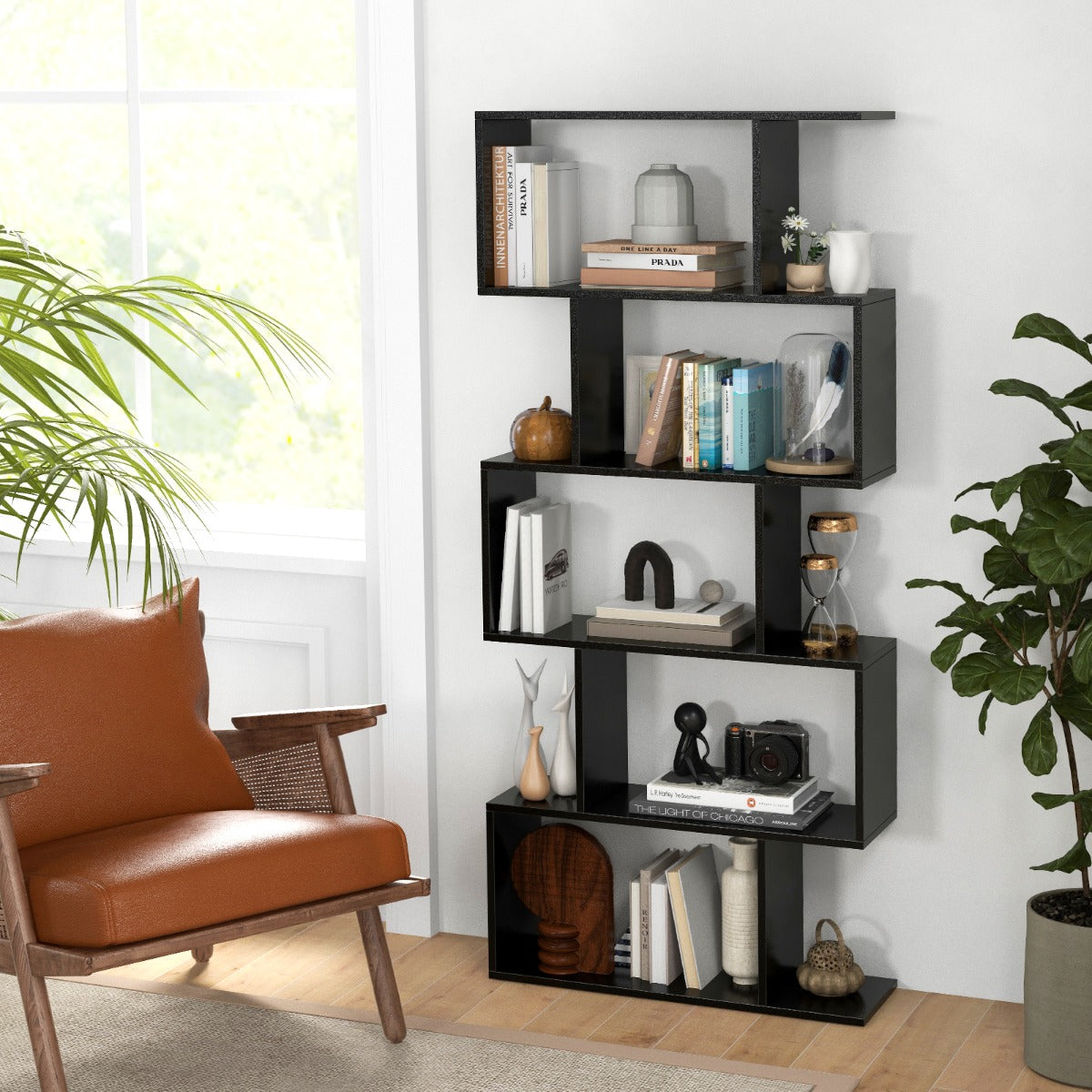 Geometric S-Shaped Bookcase with Anti-Toppling Device for Living Room/ Home/ Office