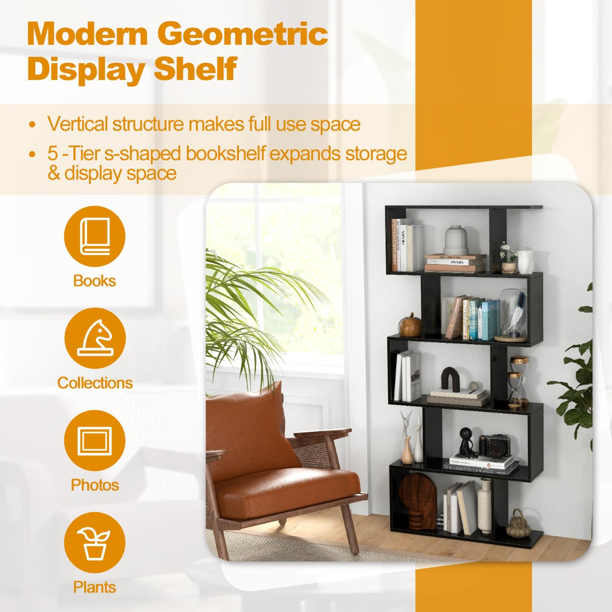Geometric S-Shaped Bookcase with Anti-Toppling Device for Living Room/ Home/ Office