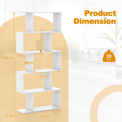 Geometric S-Shaped Bookcase with Anti-Toppling Device for Living Room Home Office-White