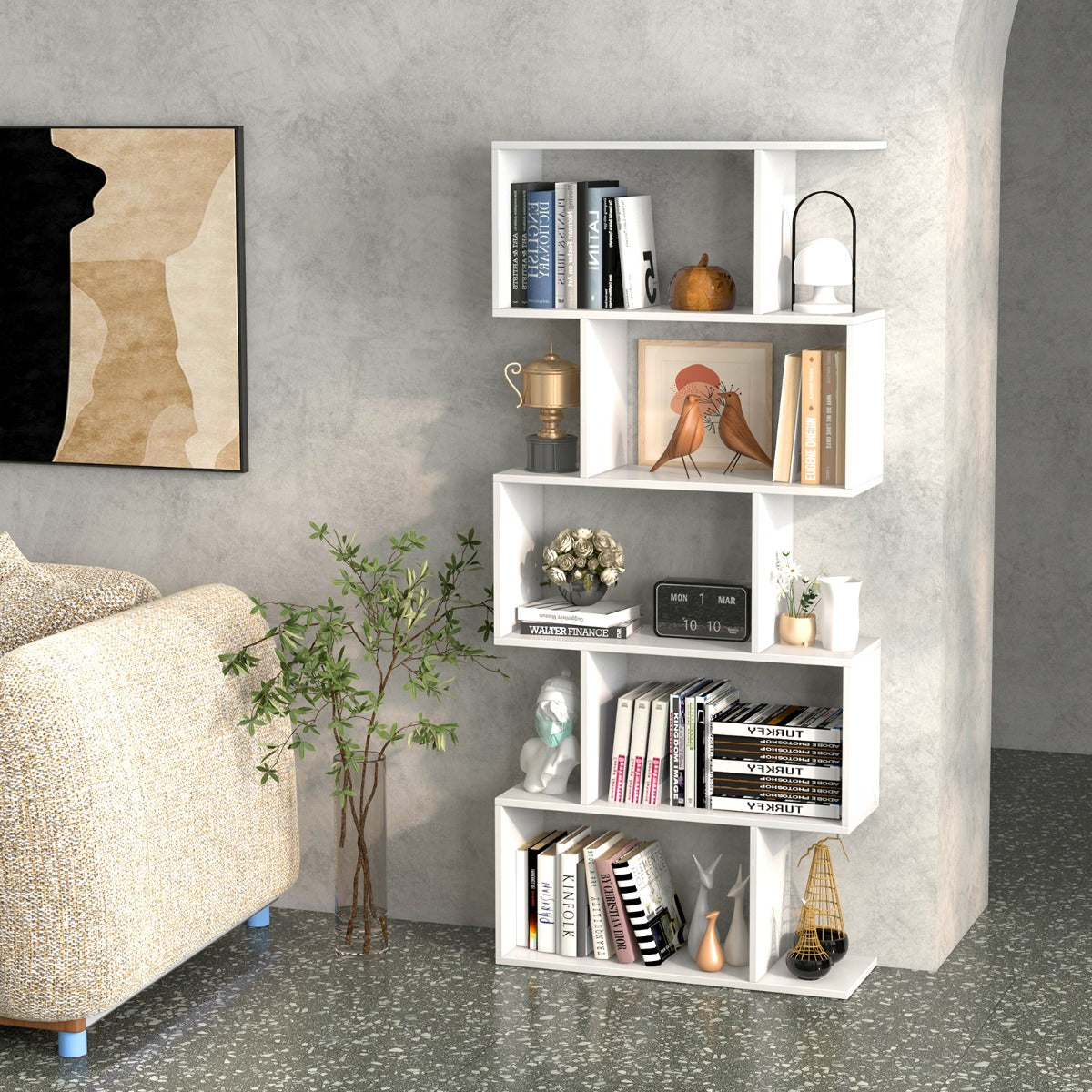 Geometric S-Shaped Bookcase with Anti-Toppling Device for Living Room Home Office-White