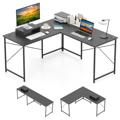 Reversible L-Shaped Desk with Built-in Power Strip and Removable Host Stand-Dark Grey