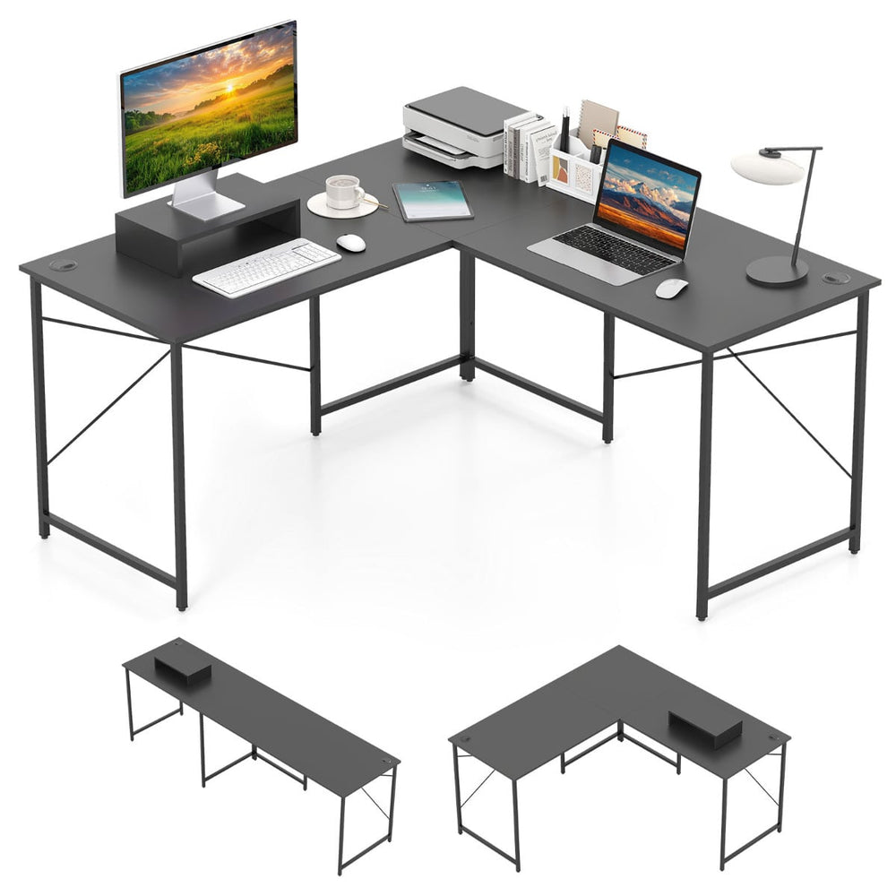 Reversible L-Shaped Desk with Built-in Power Strip and Removable Host Stand-Dark Grey