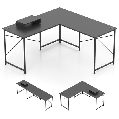 Reversible L-Shaped Desk with Built-in Power Strip and Removable Host Stand-Dark Grey