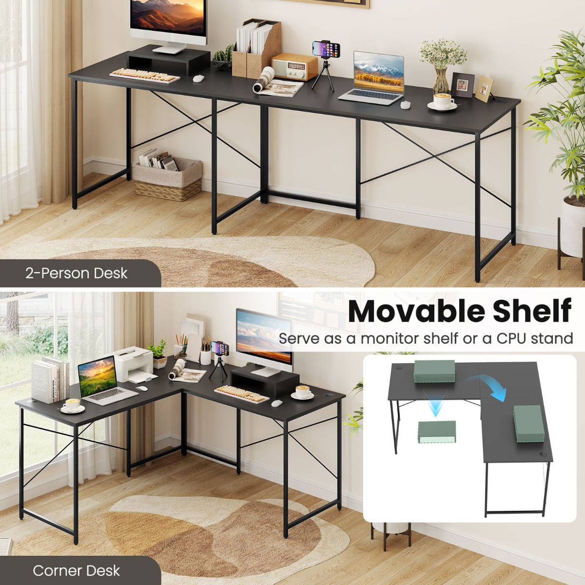 Reversible L-Shaped Desk with Built-in Power Strip and Removable Host Stand-Dark Grey
