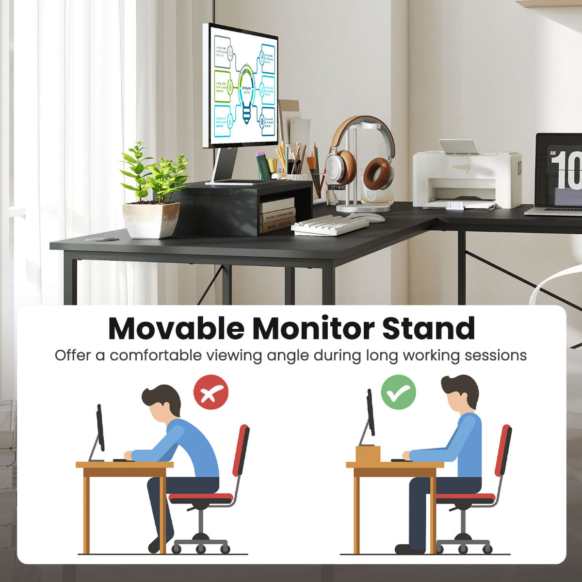 Reversible L-Shaped Desk with Built-in Power Strip and Removable Host Stand-Dark Grey