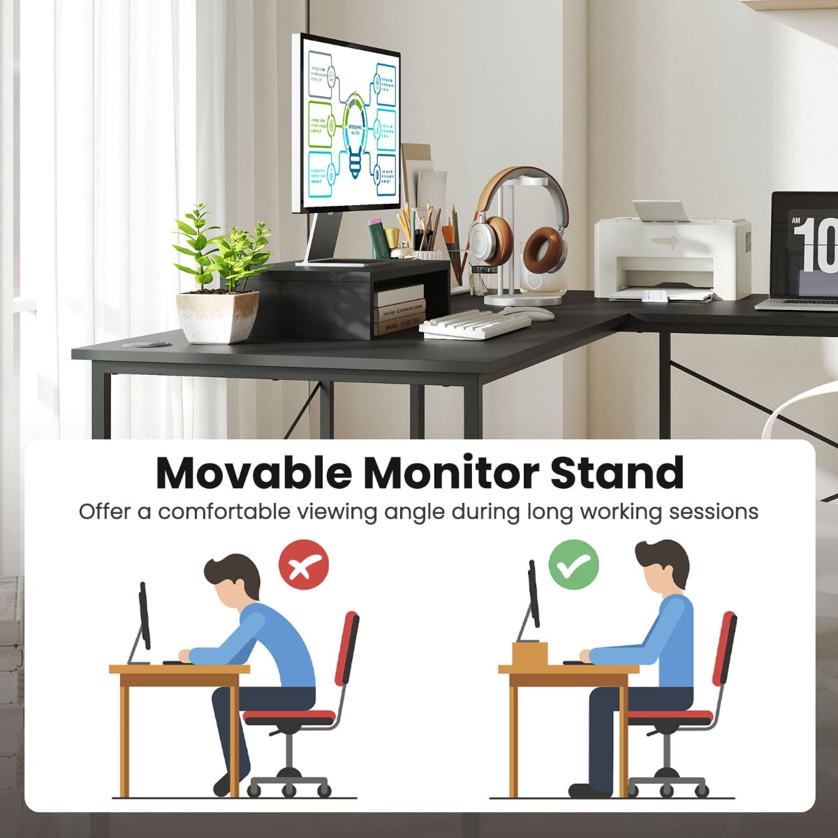 Reversible L-Shaped Desk with Built-in Power Strip and Removable Host Stand-Dark Grey