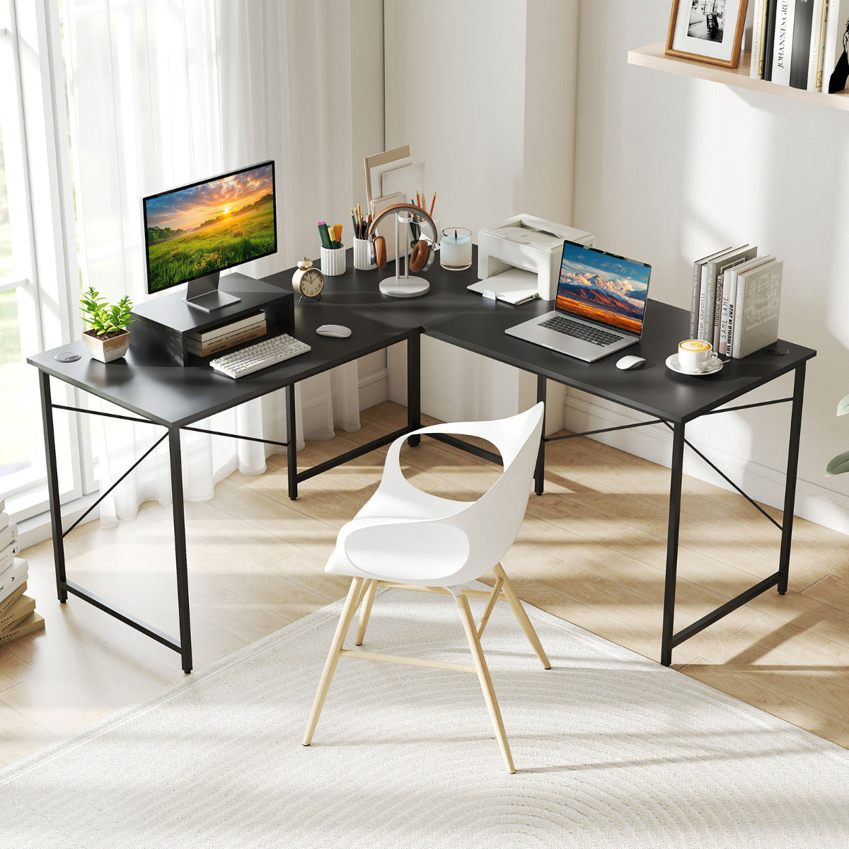 Reversible L-Shaped Desk with Built-in Power Strip and Removable Host Stand-Dark Grey
