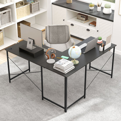 Reversible L-Shaped Desk with Built-in Power Strip and Removable Host Stand-Dark Grey