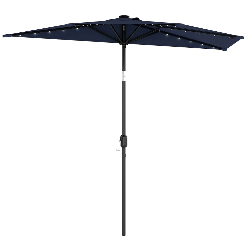 Outsunny 2.6 m Half Garden Parasol with Solar LED Lights, UPF50+ Semi Round Umbrella with 30° Tilt, Crank Handle, Dark Blue