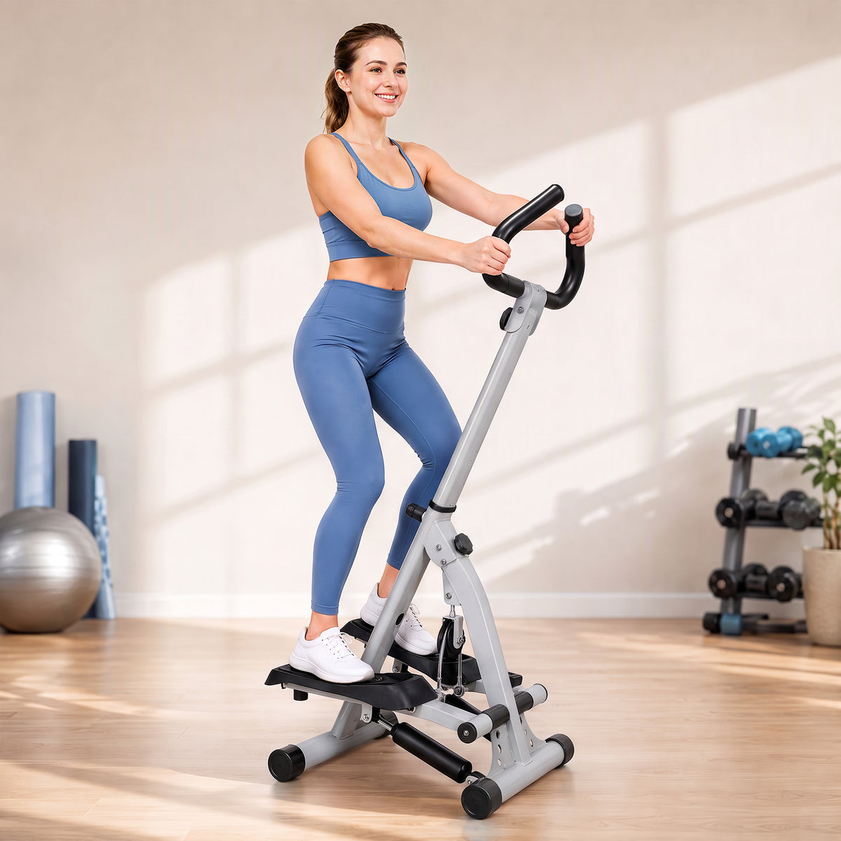HOMCOM Stepper w/ Handle Hand Grip Workout Fitness Machine For Fitness Aerobic Exercise Home Gym Grey