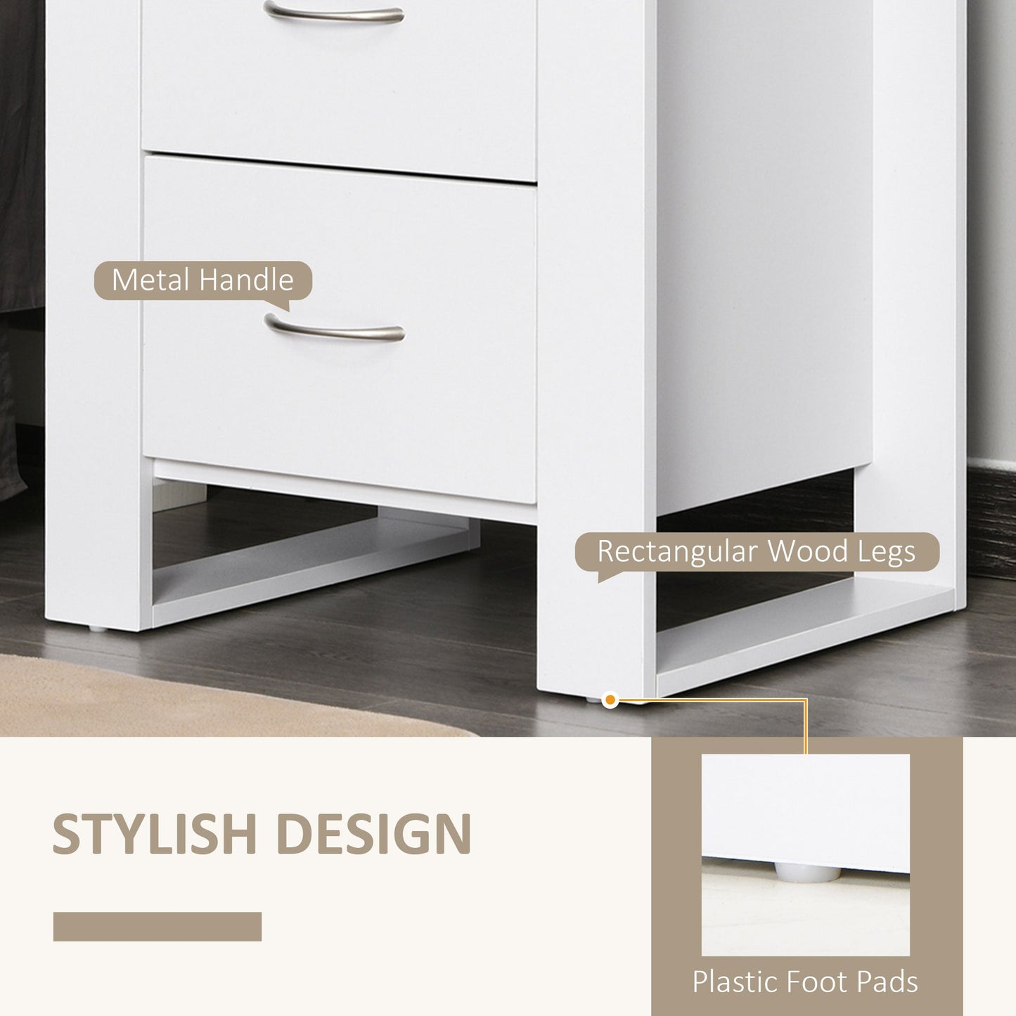 HOMCOM Bedside Table Set of 2 with 2 Drawers, Nightstands with Handles and Elevated Base, Side Tables for Bedroom, Living Room, White