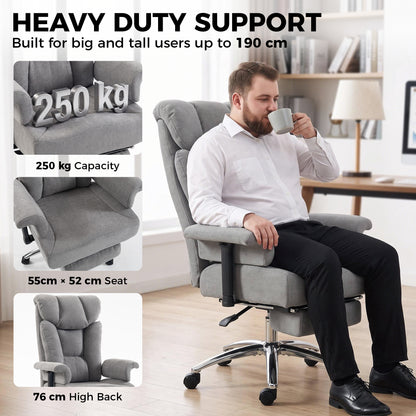 HOMCOM Big and Tall Office Chair, 250 kg Heavy Duty Executive Desk Chair with Adjustable Padded Armrests and High Back, Grey