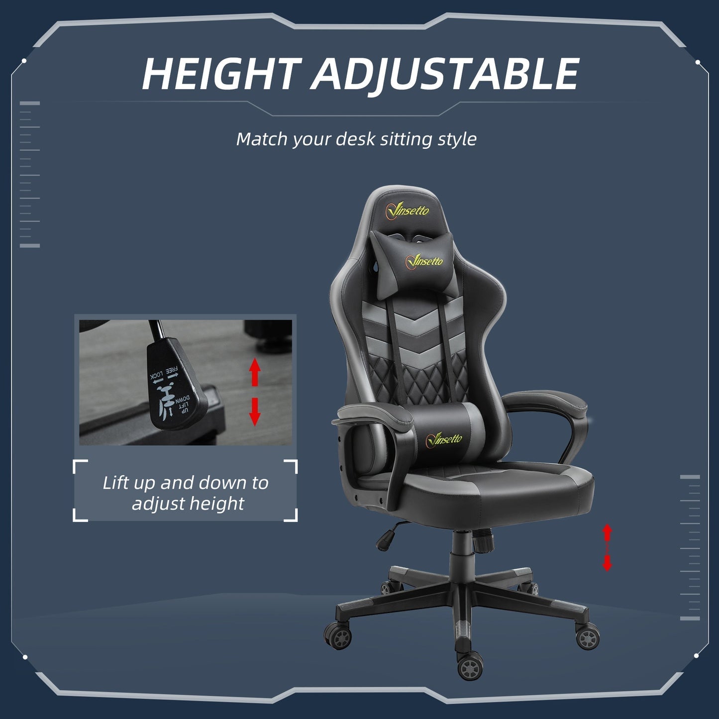 Vinsetto Racing Gaming Chair w/ Lumbar Support, Headrest, Gamer Office Chair, Black Grey