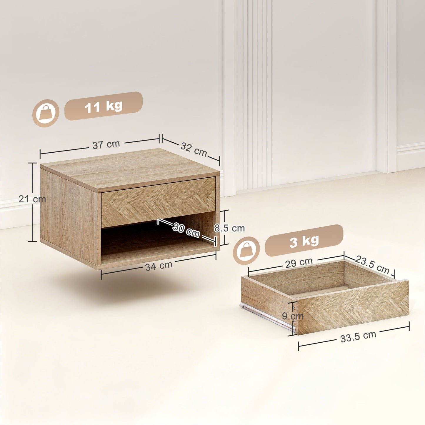 HOMCOM Set of Two Floating Bedside Tables - Natural Wood Finish