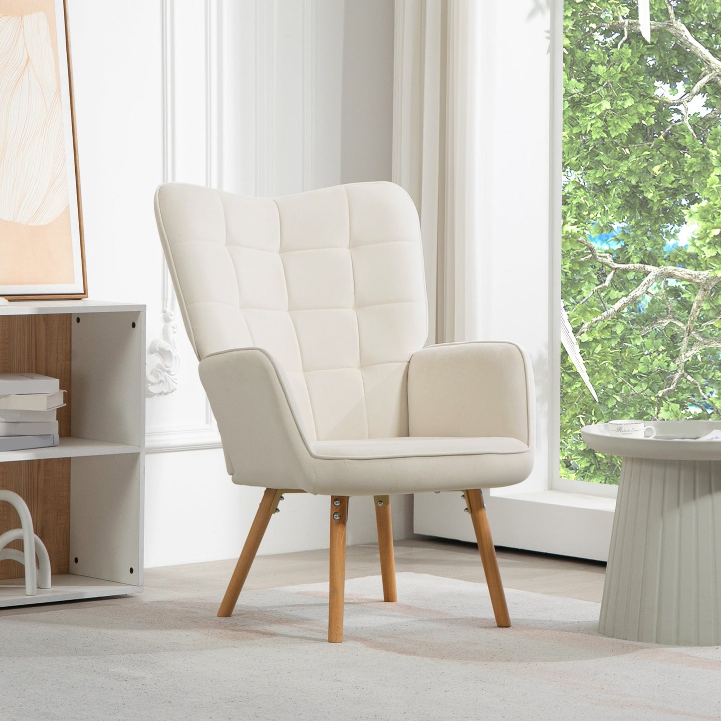 HOMCOM Modern Accent Chair, Upholstered Tufted Wingback Armchair with Seat Padding, Velvet Leisure Lounge Bedroom Chair with Wood Legs, Cream White