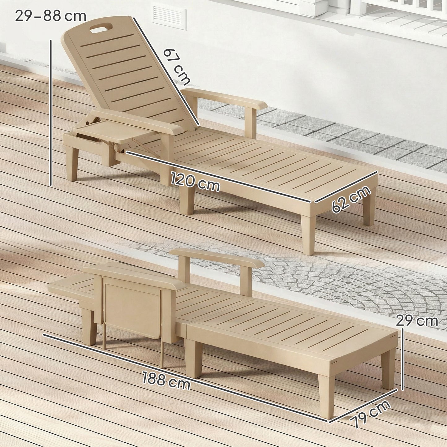 Outsunny Set of 2 Reclining Sun Loungers, 5 Positions Adjustable Outdoor Chaise Lounge Chair with Armrests, Khaki