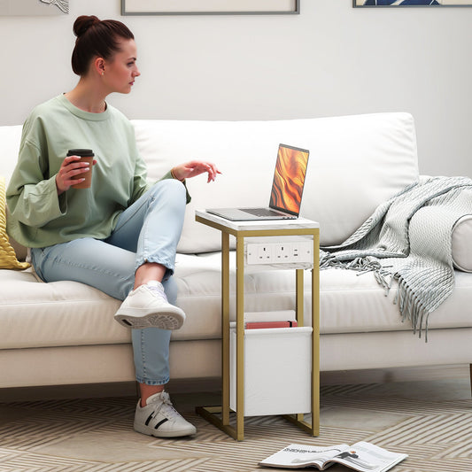 HOMCOM C Shaped Side Table with Charging Station and Faux Marble Top - White
