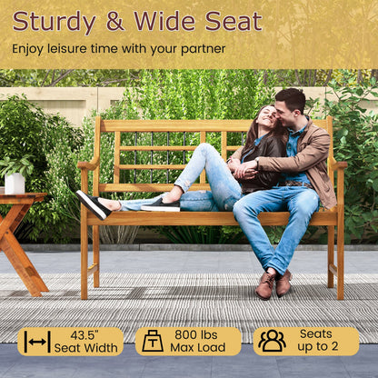 Patio Acacia Wood Bench with Curved Armrests Slatted Seat and Backrest