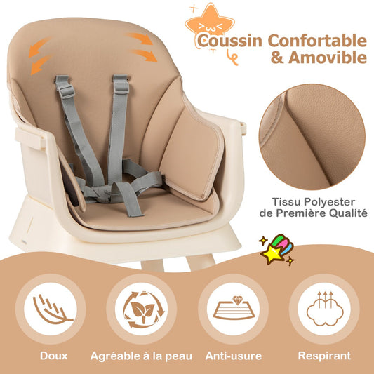 6 in 1 Baby High Chair Convertible Baby Feeding Chair Kids Stool with 5 Point Harness Tray and Brown