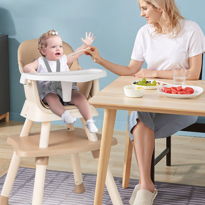 6 in 1 Baby High Chair Convertible Baby Feeding Chair Kids Stool with 5 Point Harness Tray and Brown