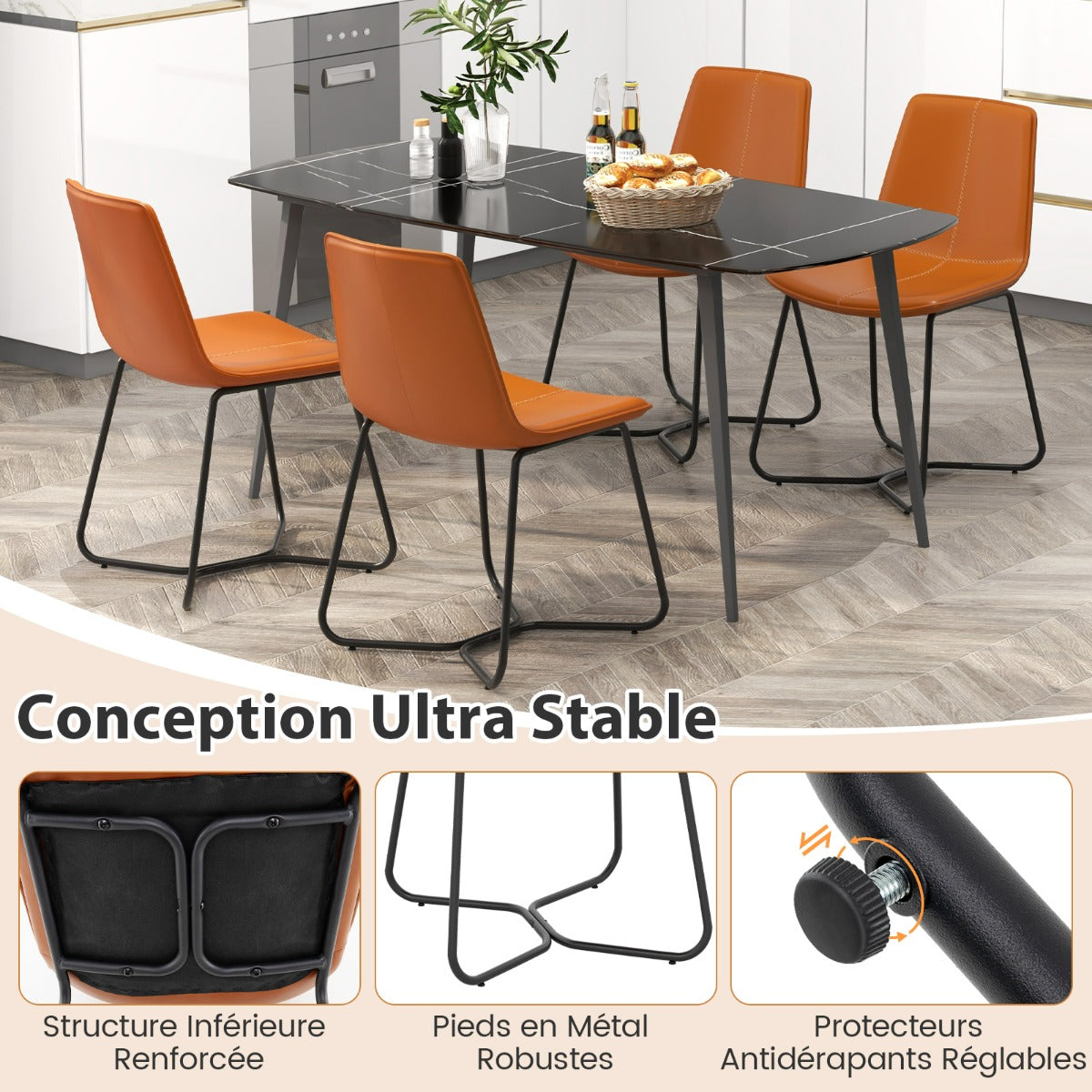 Dining Chair Set of 2 with Metal Legs and Vintage Stitching-Brown