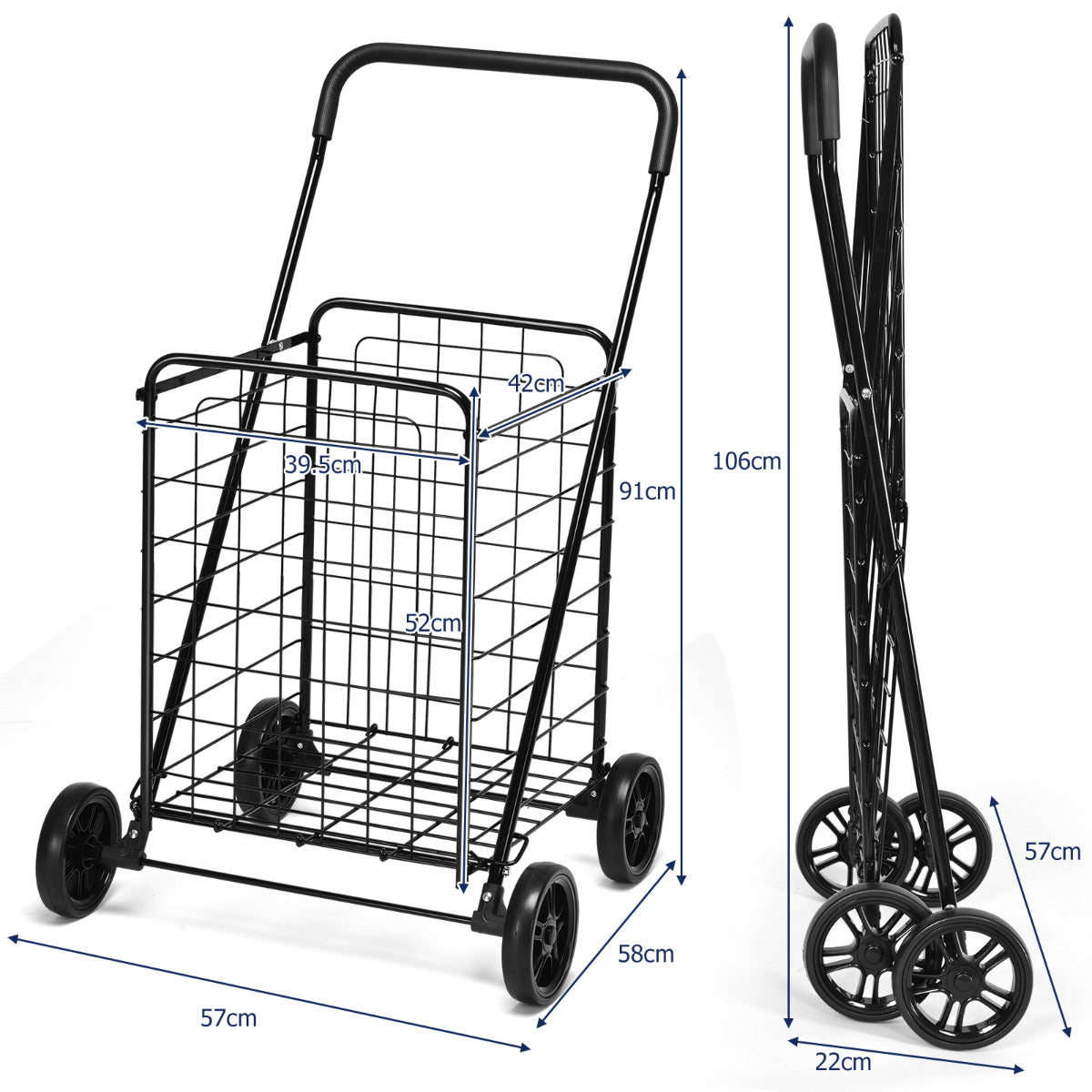 Shopping Cart Folding Shopping Cart Trolley with Wheels Black