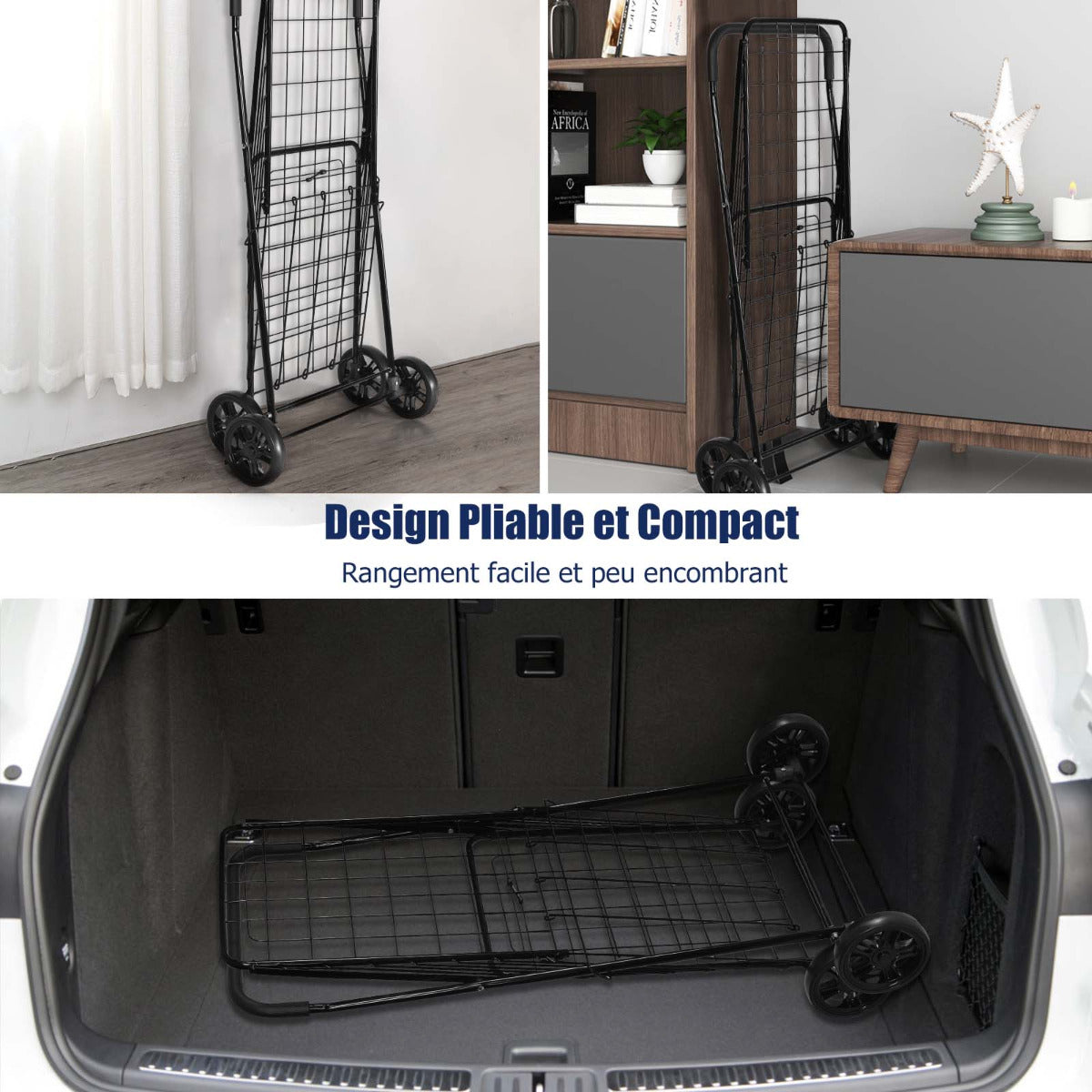 Shopping Cart Folding Shopping Cart Trolley with Wheels Black