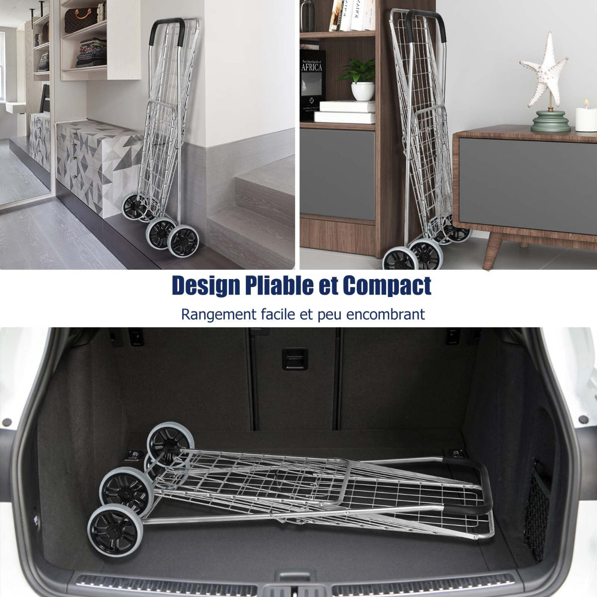 Shopping Cart Folding Shopping Cart Trolley with Wheels Silver