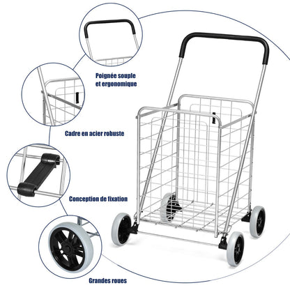 Shopping Cart Folding Shopping Cart Trolley with Wheels Silver