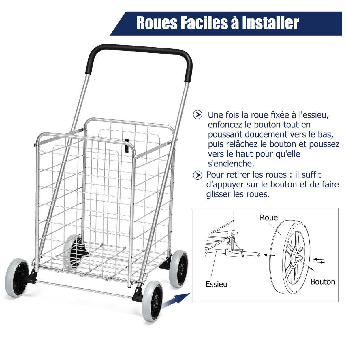 Shopping Cart Folding Shopping Cart Trolley with Wheels Silver