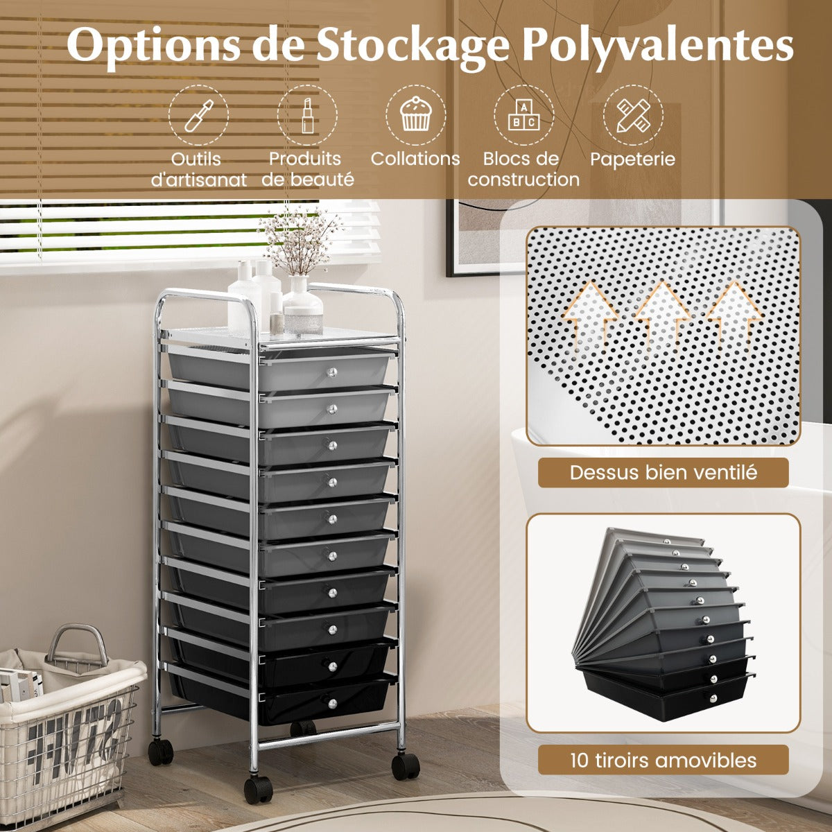 10 Drawer Rolling Storage Cart Organizer with 4 Universal Casters-Gradient Gray