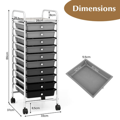 10 Drawer Rolling Storage Cart Organizer with 4 Universal Casters-Gradient Gray