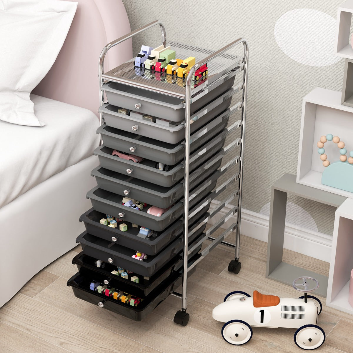 10 Drawer Rolling Storage Cart Organizer with 4 Universal Casters-Gradient Gray