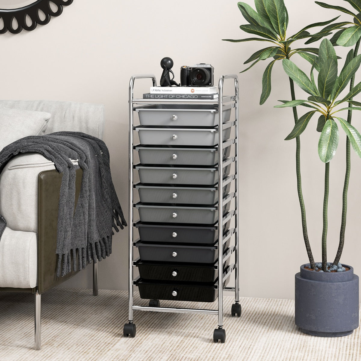 10 Drawer Rolling Storage Cart Organizer with 4 Universal Casters-Gradient Gray