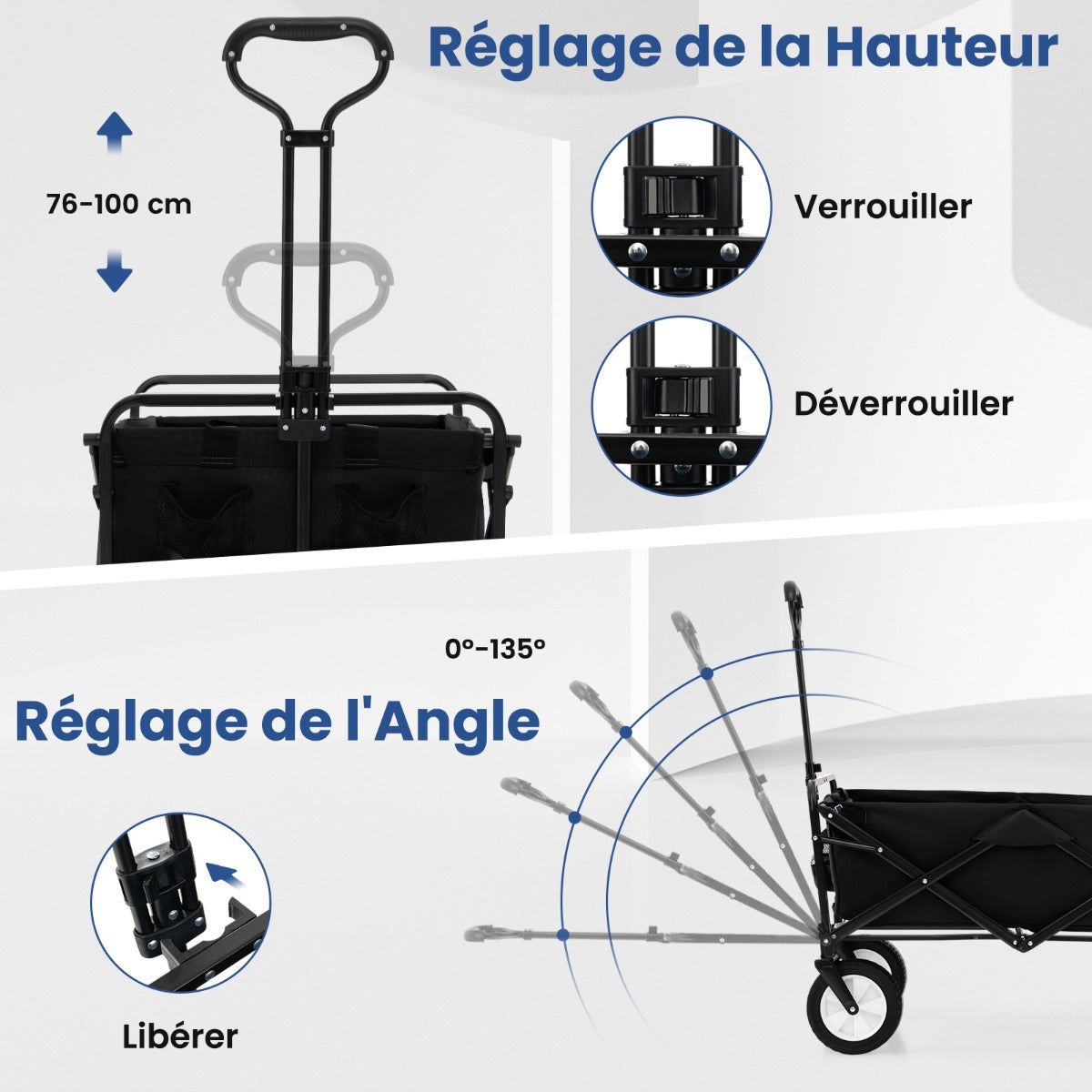 eavy Duty Camping Garden Cart with Adjustable Handle and Drink Holders-Black