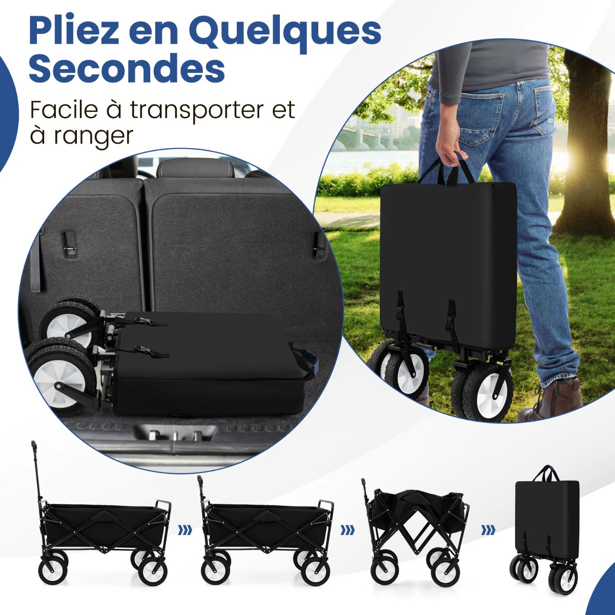 eavy Duty Camping Garden Cart with Adjustable Handle and Drink Holders-Black