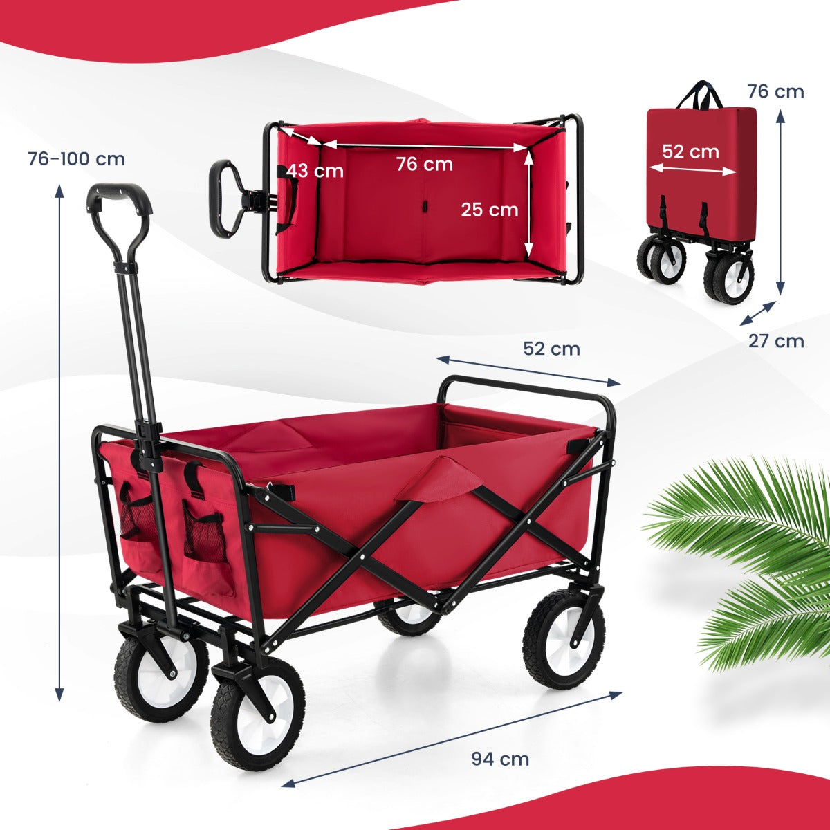 eavy Duty Camping Garden Cart with Adjustable Handle and Drink Holders-Red