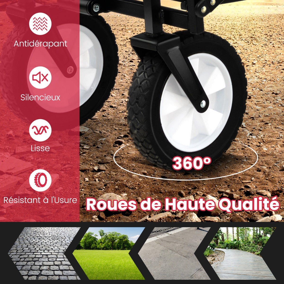 eavy Duty Camping Garden Cart with Adjustable Handle and Drink Holders-Red