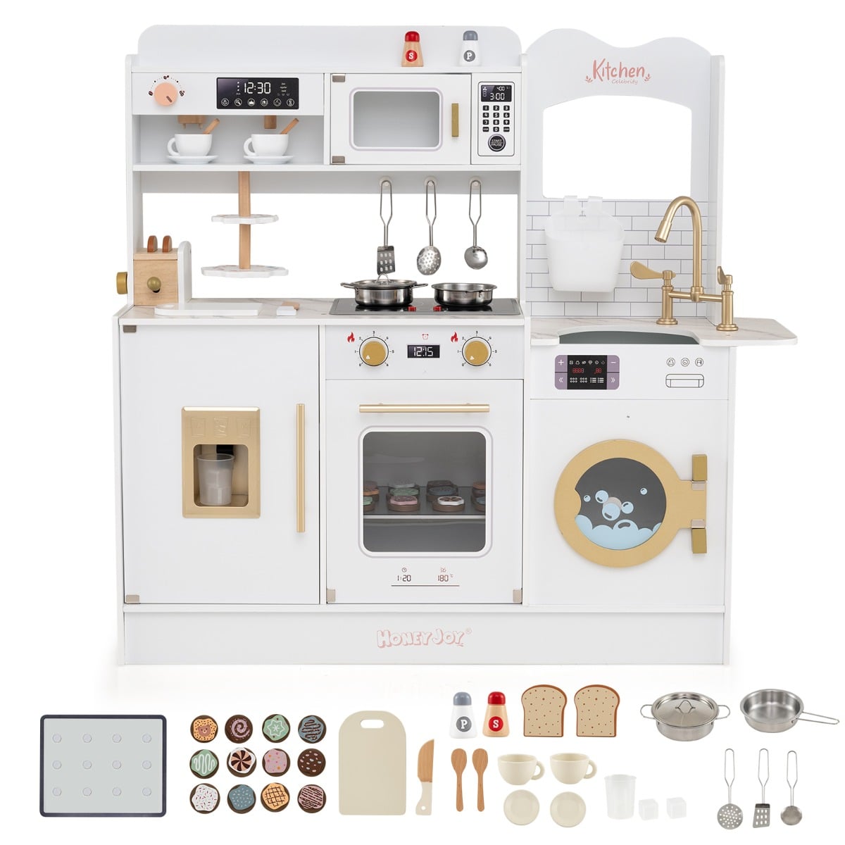 Children Pretend Toy Kitchen Playset with Stoves and Coffee Machine-White